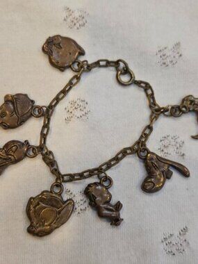 Vintage Jan Michaels Bronze Charm Bracelet Disney Goofy Elmer Fudd Tweety